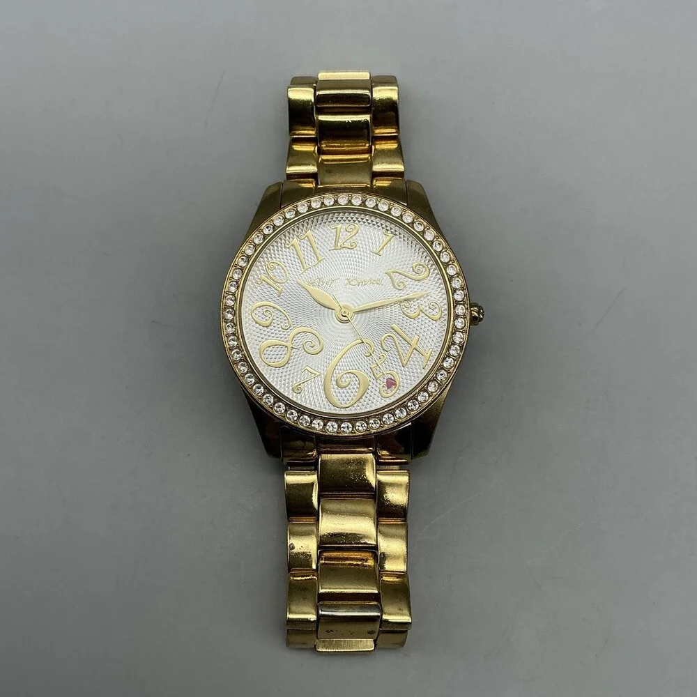 Betsey Johnson Womens Watch 39mm Silver Gold Tone Crystals New Battery 7.25